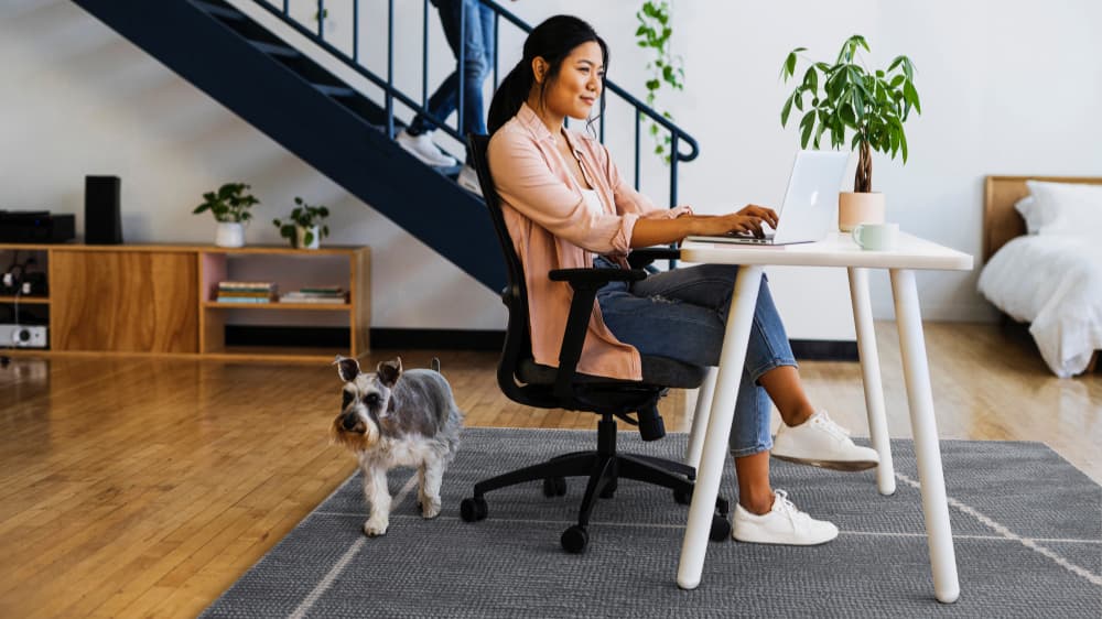 SitOnIt Reya Desk white top white legs with woman working an dog nearby