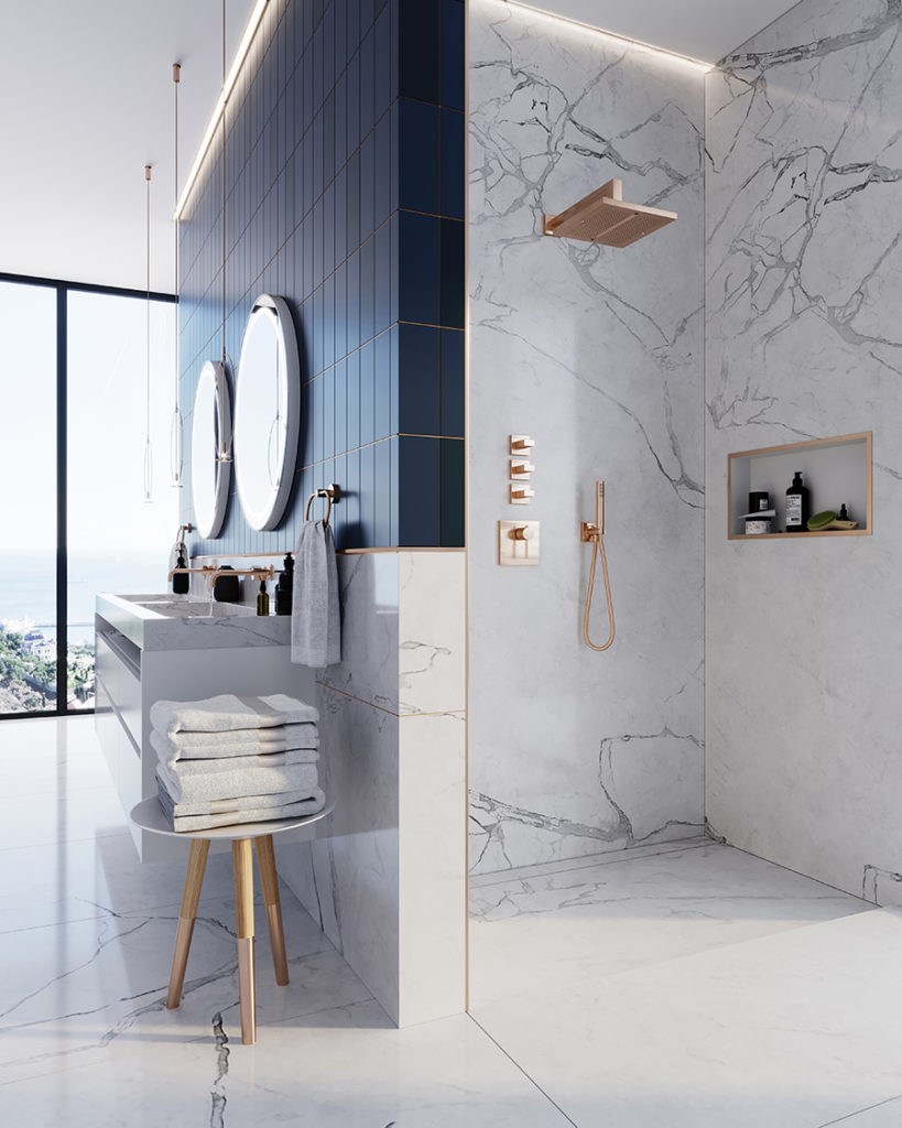 Modulo Stone Flex view of bathroom with shower in white marble
