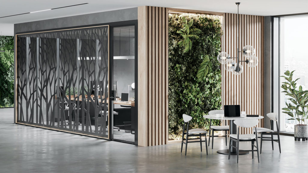 Muraflex Cuadro architectural glass partitions black anodized and light oak trim with decorative panel of tree motif in office space