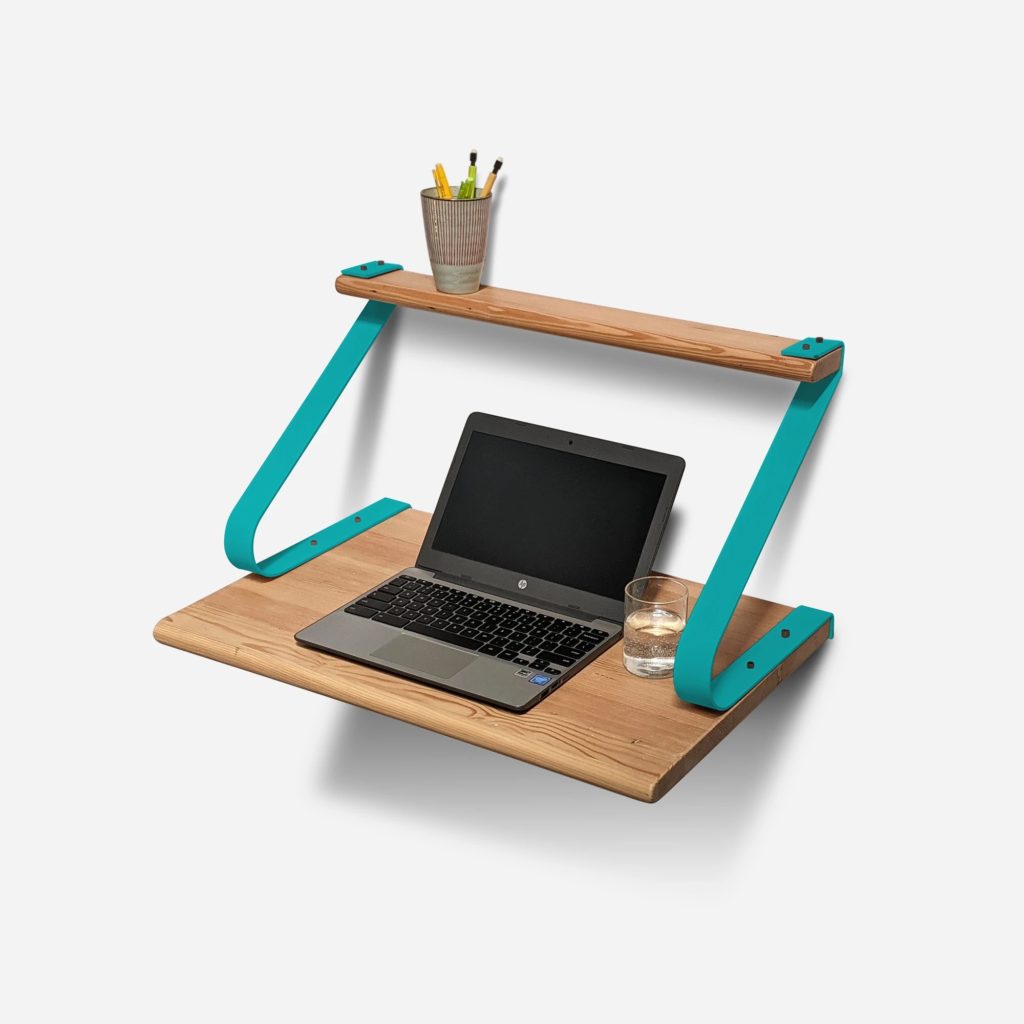 Formr's underSTUDY desk teal bracing with computer, water, pencil case