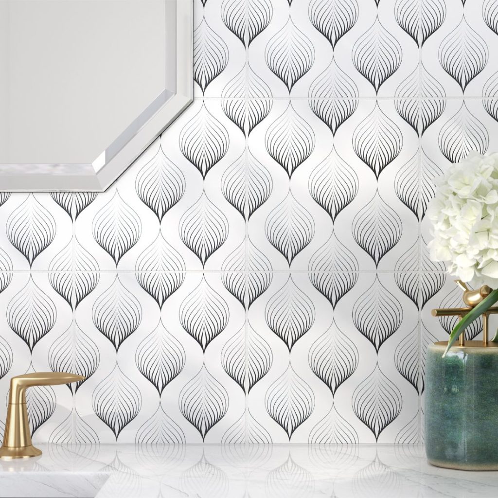 Walker Zanger Pop Culture porcelain tiles Feathers backsplash in bathroom