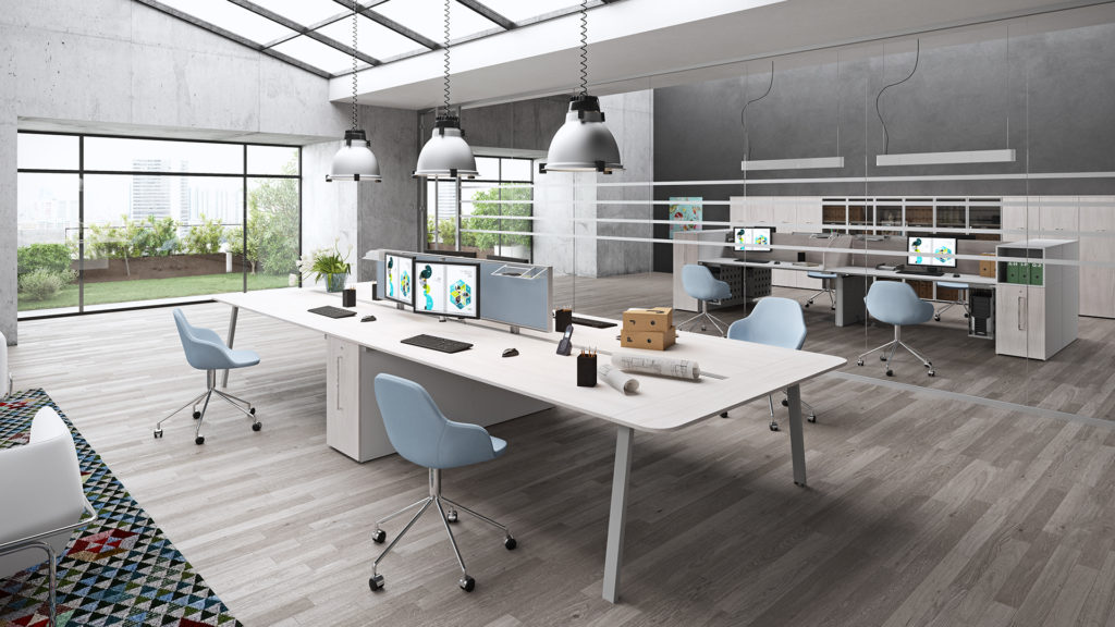 Vista Essence large table and desks with powder blue chairs in office space with large picture window