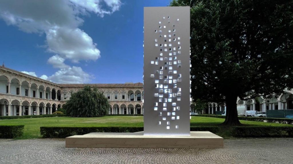 Tuttono faucet Alessandro Zambelli installation tall metal structure with square perforations in Milan's court of honor 