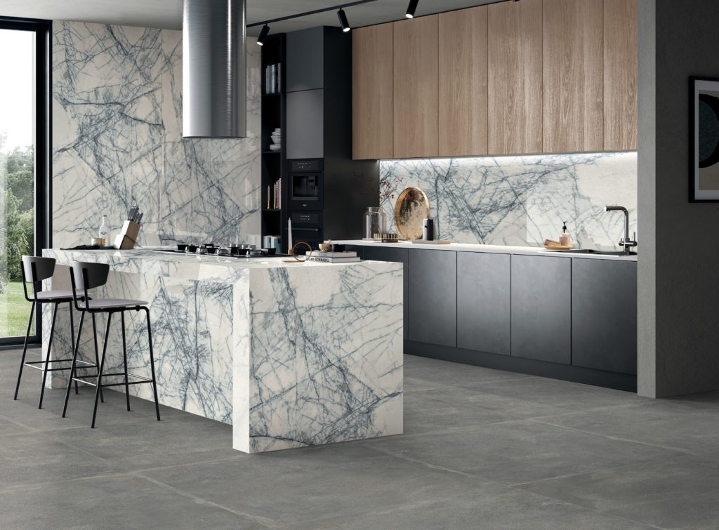 Ceramics of Italy Sensi Signoria Lilac Gray white with shooting blue lines on island, backsplash and wall in modern kitchen