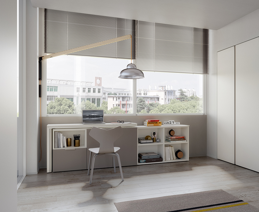 Giro transforming console/desk as console in white room with outdoor view