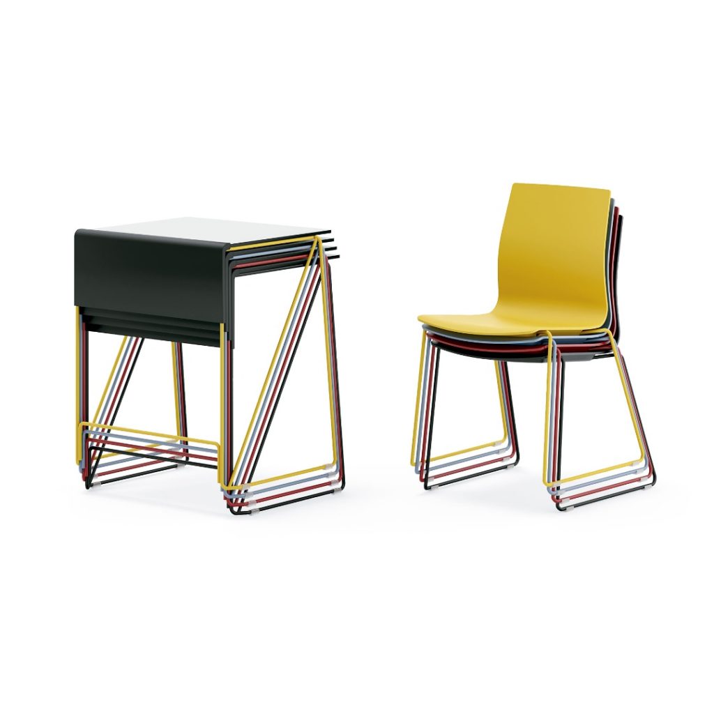Falcon Sedera desk four stacked in different colors and matching Sedera chair four stacked various colors