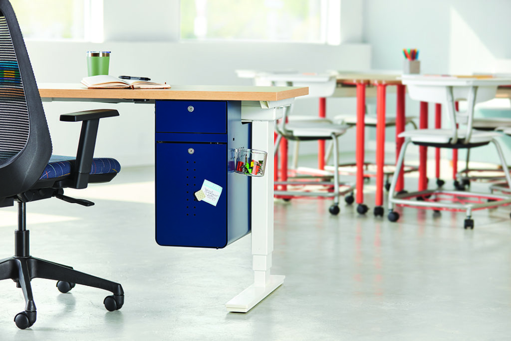 KI NeoCon Bobbr Undermount Storage in blue with white laminate top and other tables in background