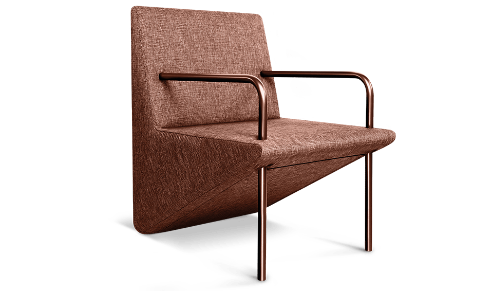 VOTE armchair in brown resembles an upside down triangle covered in fabric with metal post bent at right angle for armrest and legs