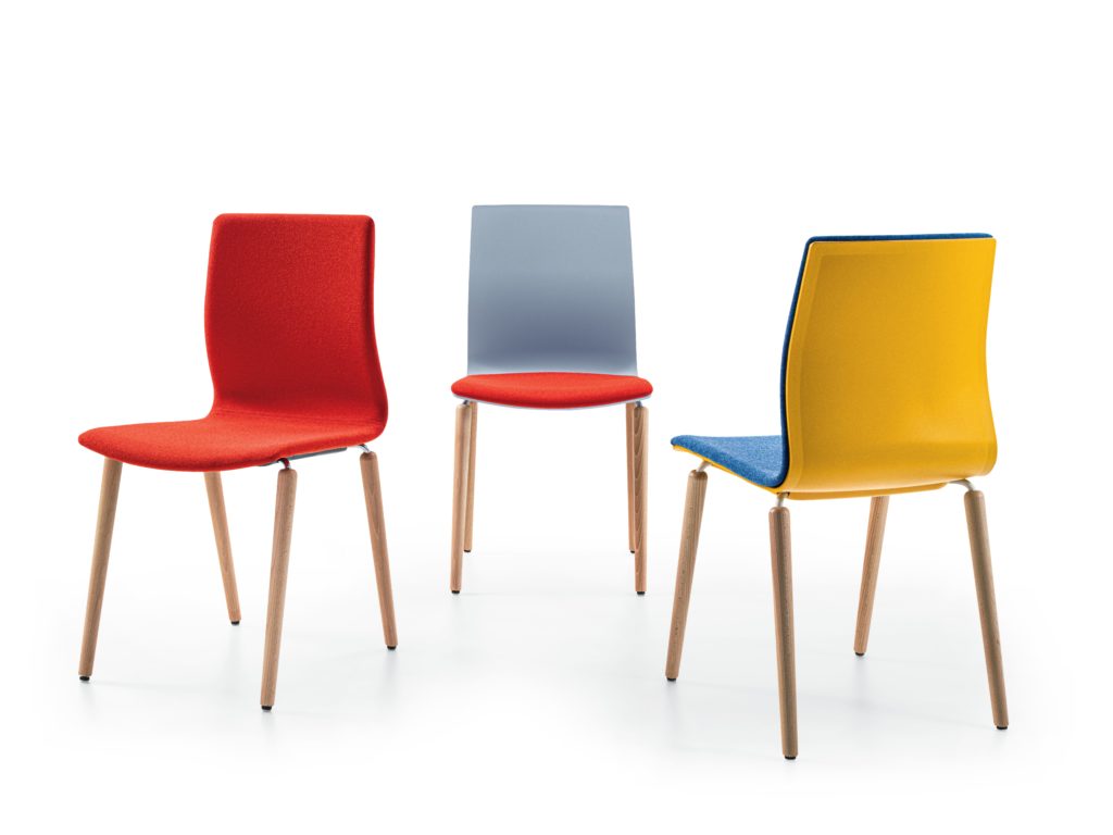 Falcon Sedera wood leg chair three chairs red, gray/red, and blue/yellow
