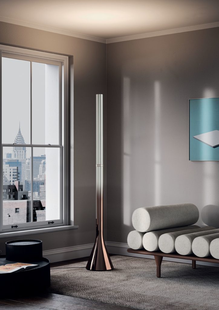 Croma lamp metallic bronze and silver in room with view of Chrysler building