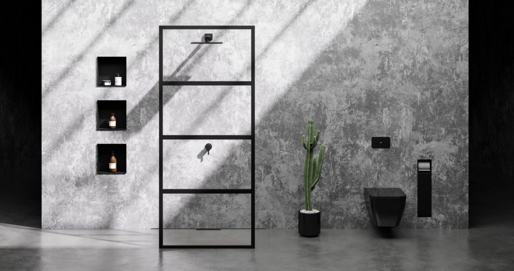 C-BOX three black units on gray/white shower wall 