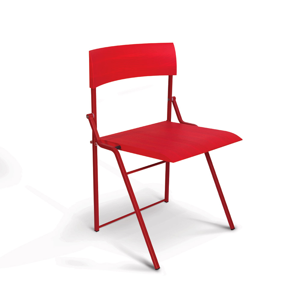 Laugh chair red folding chair style with thin wooden seat and back and metal frame