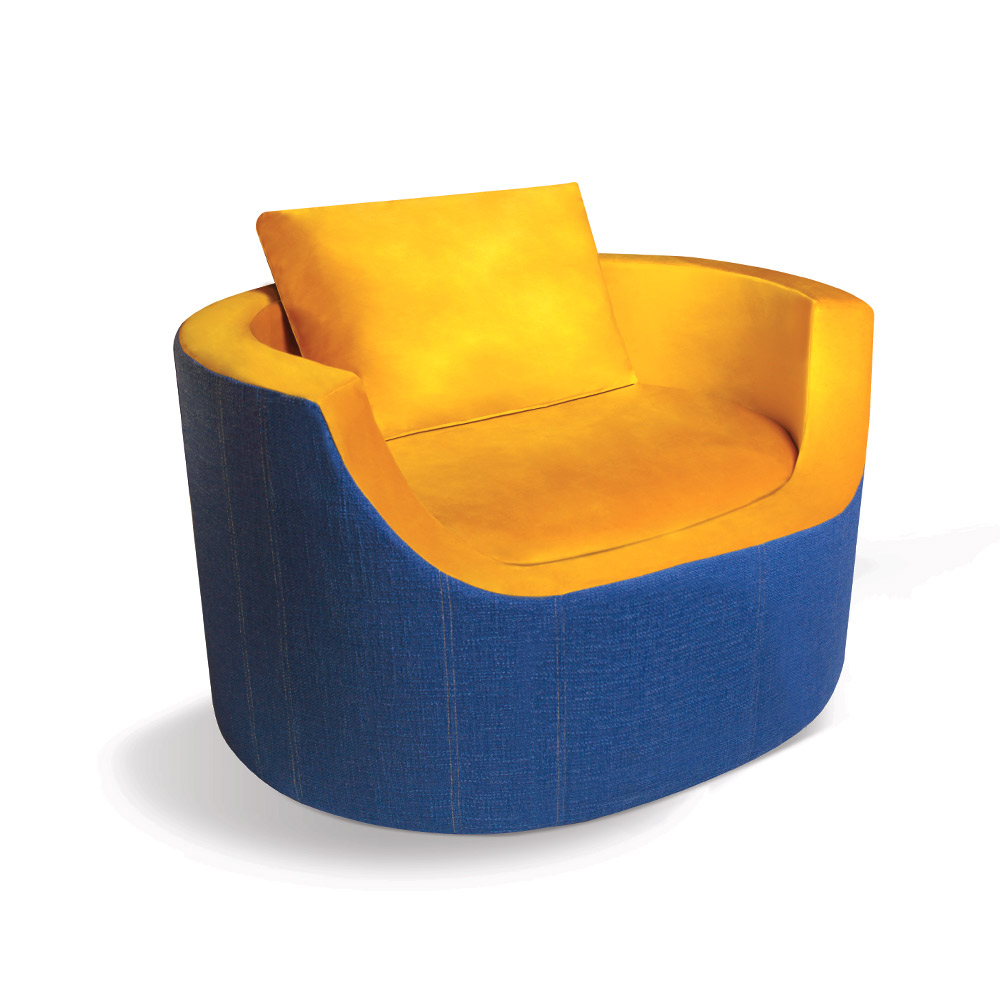 Shut Up chair with blue exterior and yellow seating portion. Chair version of the Talk sofa