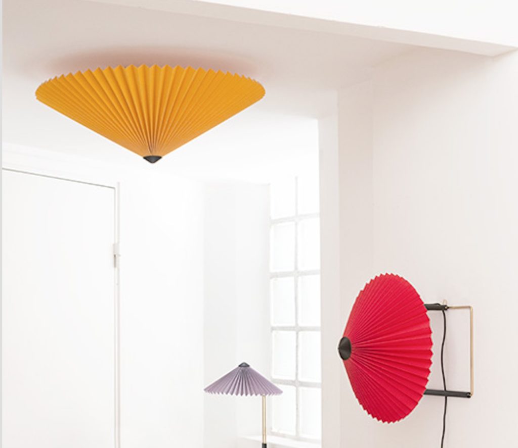 Matin ceiling, wall, and table lamp in yellow, red, and gray