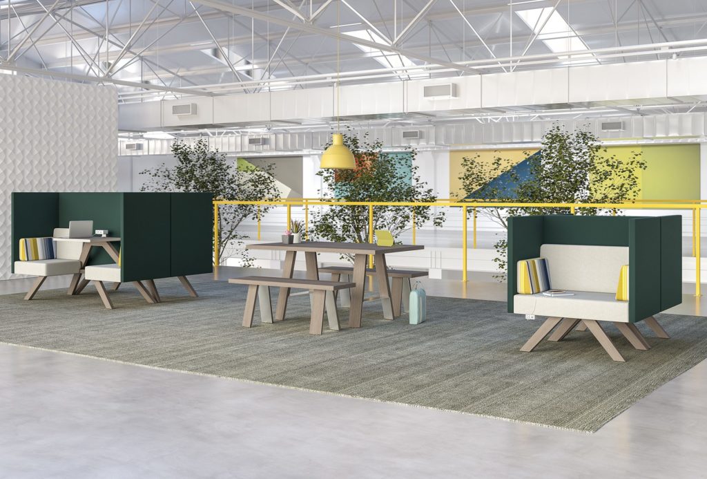 TOOaPICNIC in open workspace three different styles in green with white upholstery and wooden legs