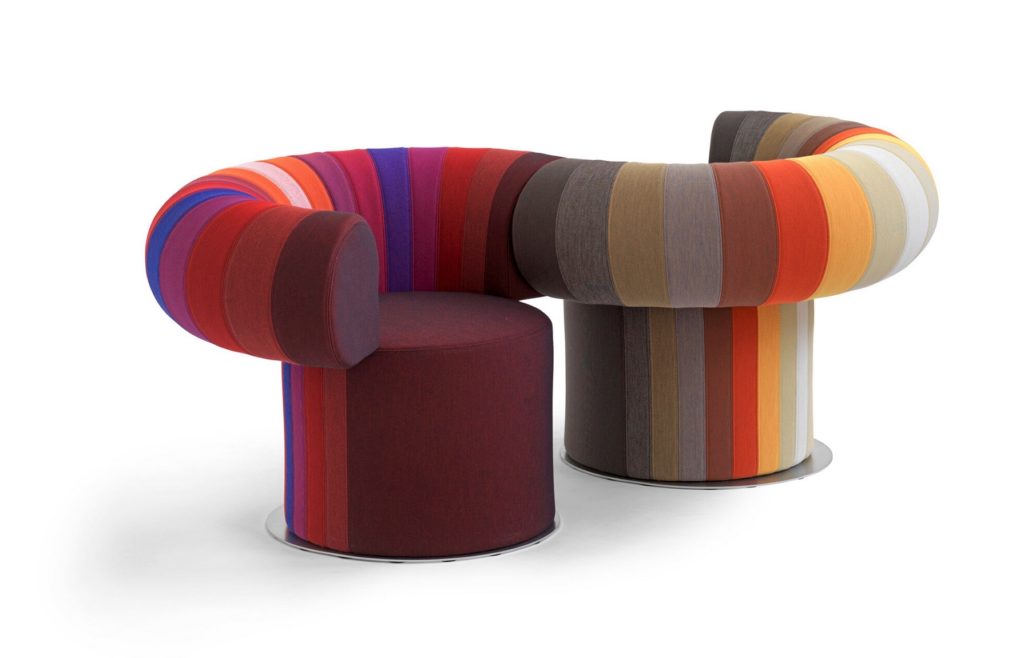 Big Talk chair two seats joined by curvy backpiece in vibrant colors