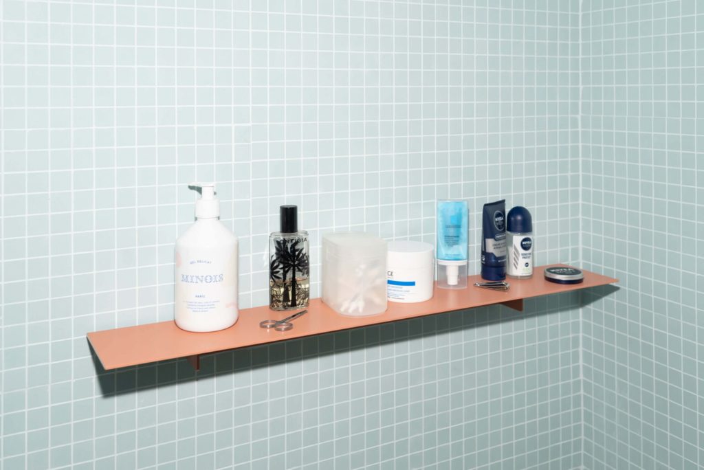 Util Plié wall shelves mini shelf in salmon in shower with bath items