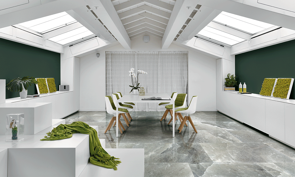 Rock Salt Collection gray/white tile on floor of large room with conference table, and white and green chairs 