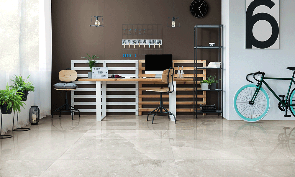 Rock Salt Collection light beige/white tile on floor of office with slim desk and a bicycle