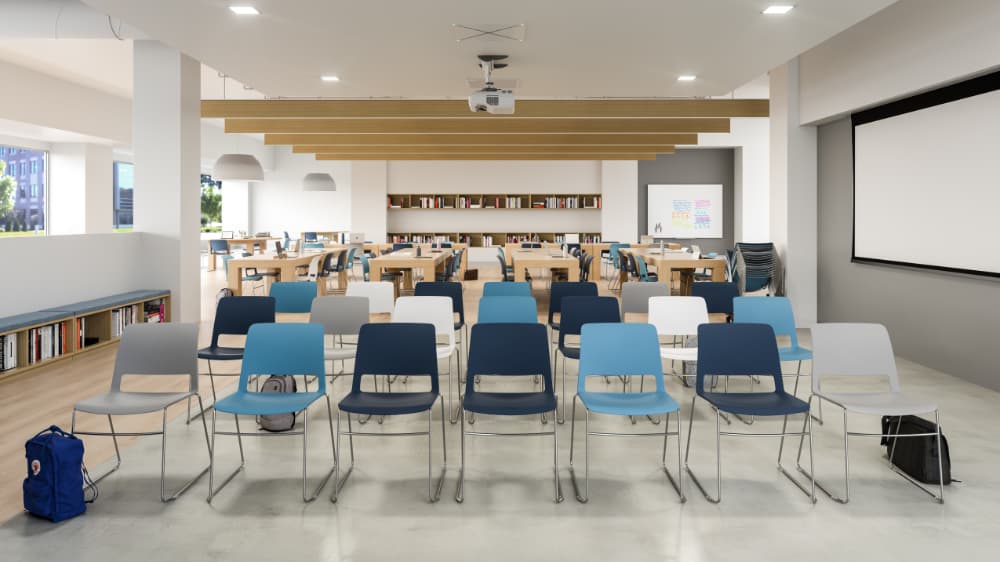 SitOnIt Sprout chair navy, light blue, gary, and white in conference rool in library