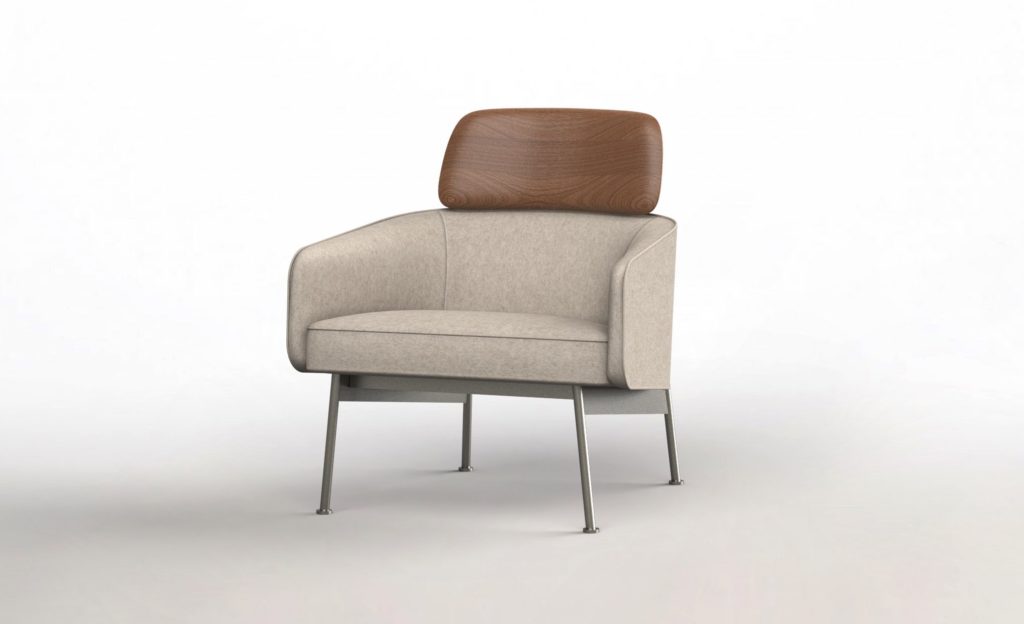 Toluca Chair light gray upholstery with walnut headrest and metal frame