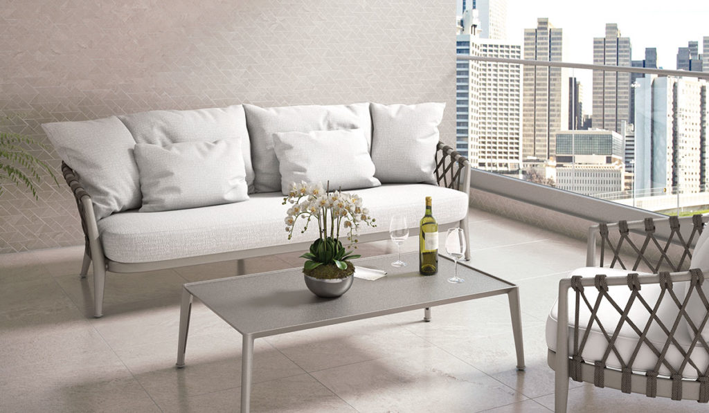 porcelain tile Owen Stone in cream in living room with city view