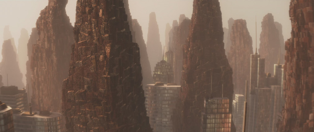 porcelain tile image from the movie WALL-E with large towers of trash and smoky sky