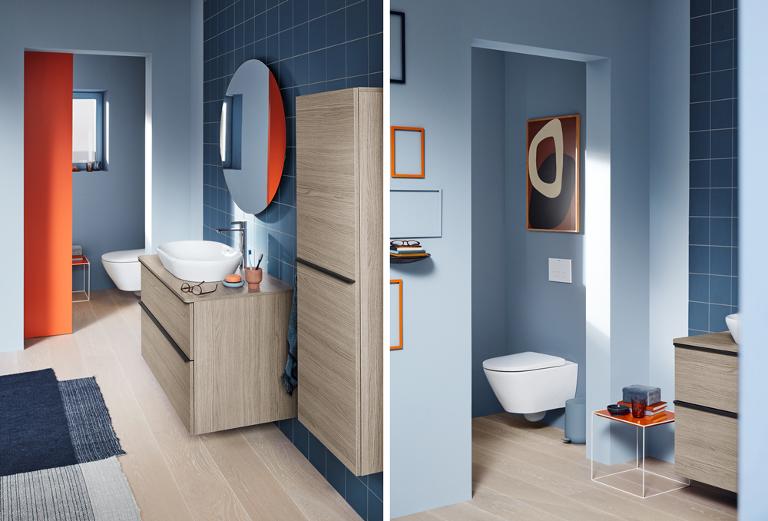 D-Neo Monocrhome two views with toilet, vanity, sink, and storage