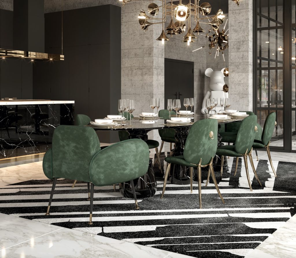 Boca do Lobo dining with Marco chair, Soleil chairs, and Pietra Oval XL table