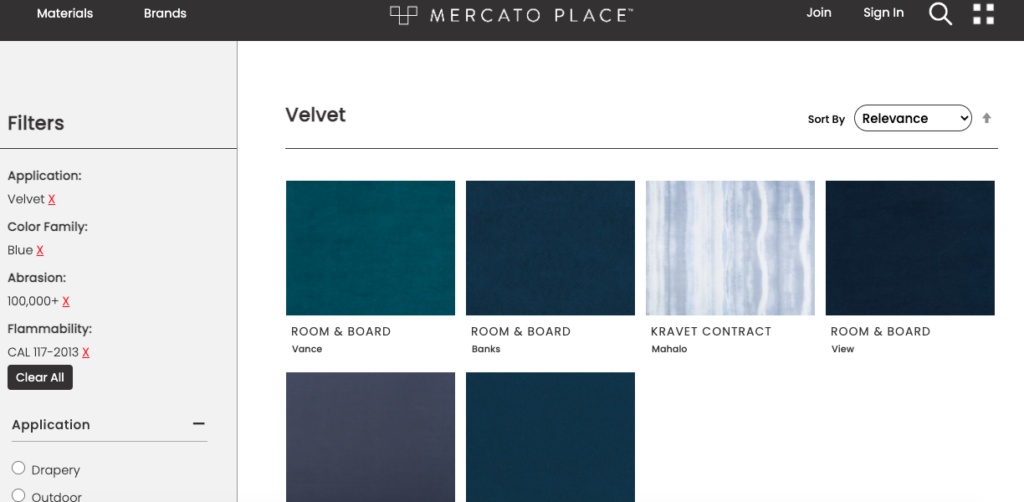 screenshot of Mercato Place velvets