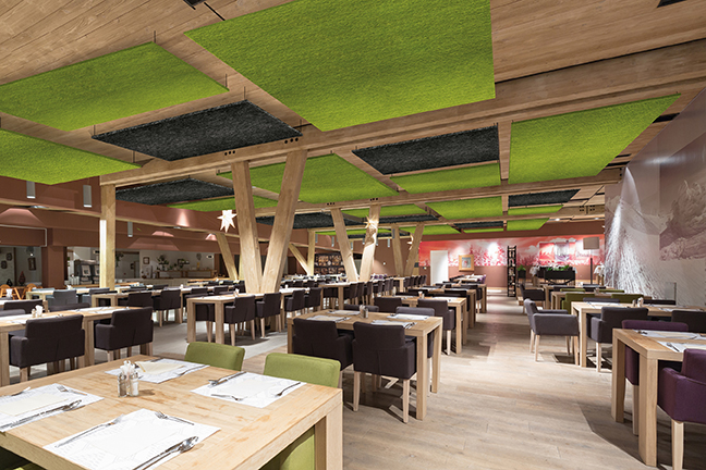Zintra overhead baffles in restaurant in green and charcoal