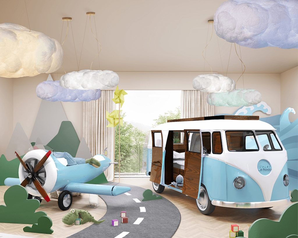 Circu Cloud Lamp in child's room with toy airplane and van