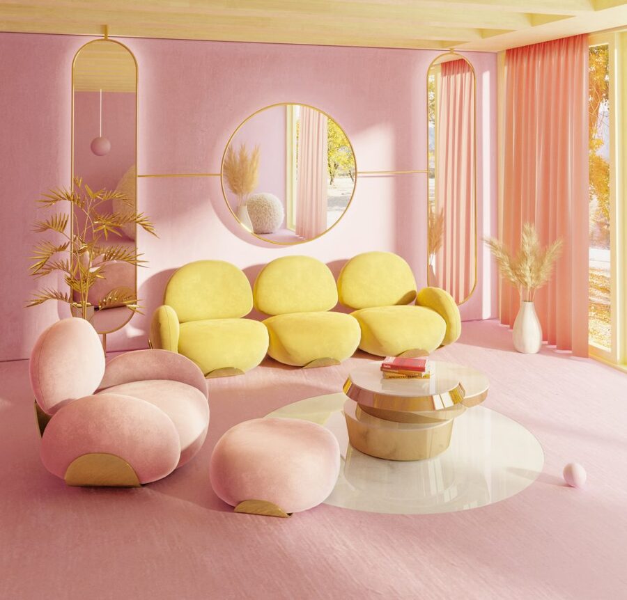 Karlotta sofa in yellow and chair/ottoman in pink in pink room