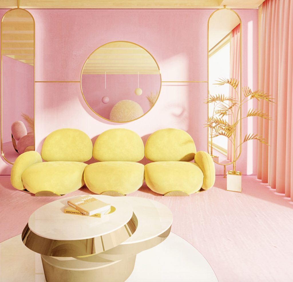 Karlotta yellow sofa in pink room
