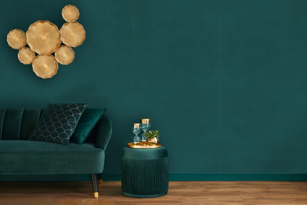 Móz Designs Peacock Green wall panel in living room