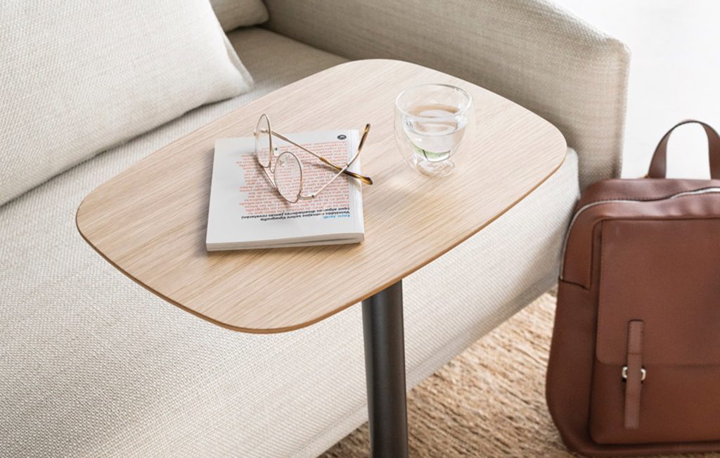 Meseta Oak with sofa, book, glasses, and glass of water