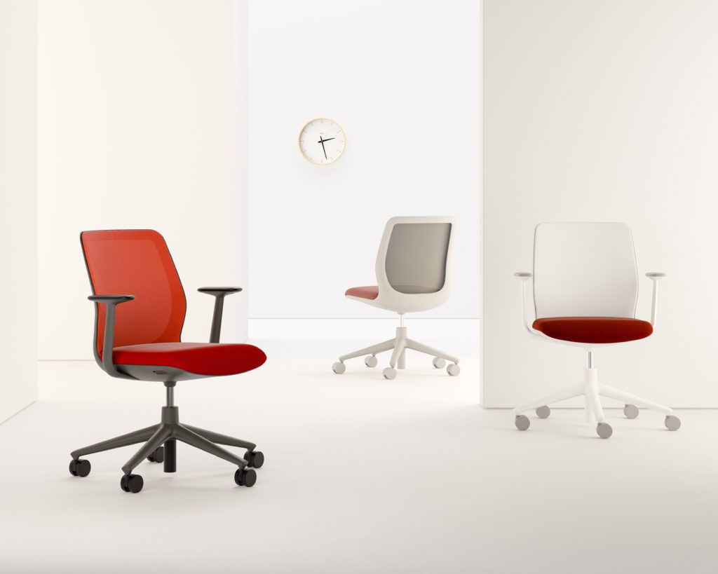 three chairs in different combos of red and white