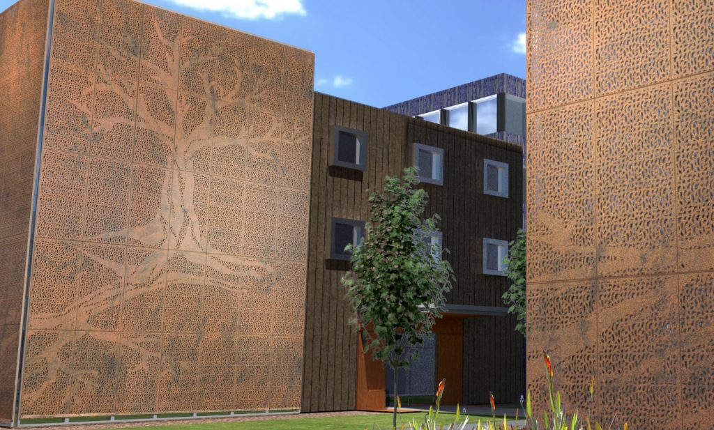 Parasoleil MESH pattern of organic modular shapes and the form of a tree as exterior cladding