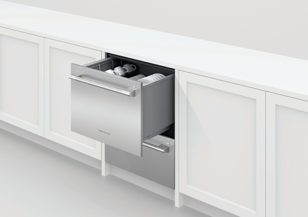 Series 11 double DishDrawer in stainless steel with white cabinetry