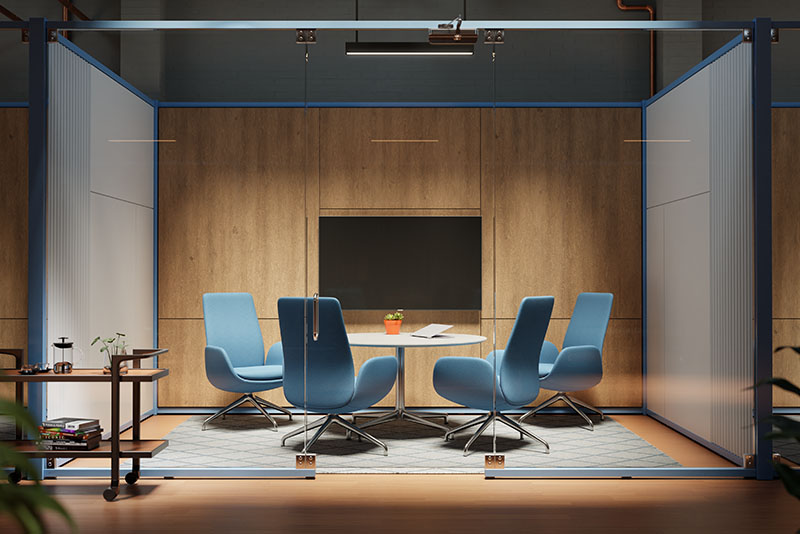 Four Keilhauer Forsi chairs in conference room wiht glass wall