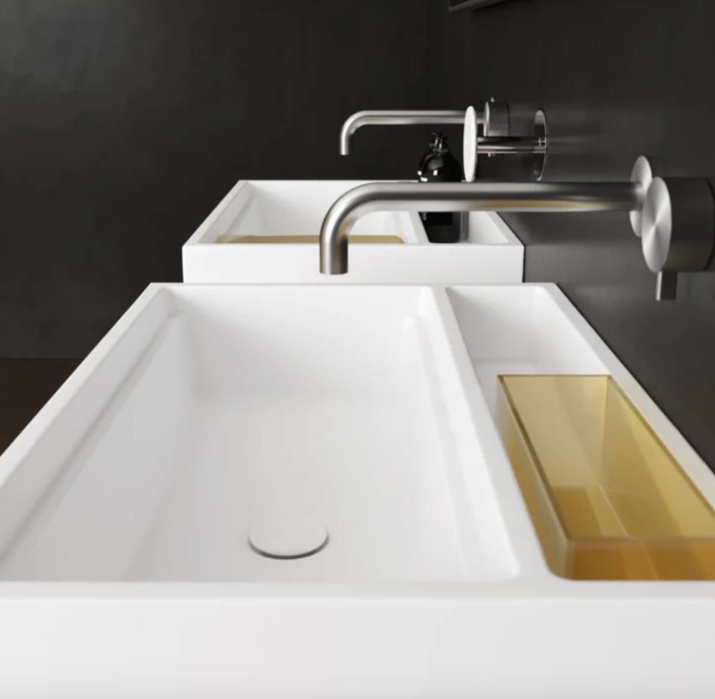 NEXT dual sinks in white with amber accessory tray