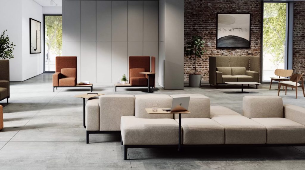 workspace modular furniture with ottomans, chairs, tables, and sofas in open workplace