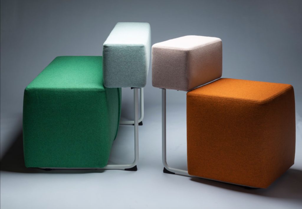 two Square chairs, one with green cushion and light green backrest, the other orange/white