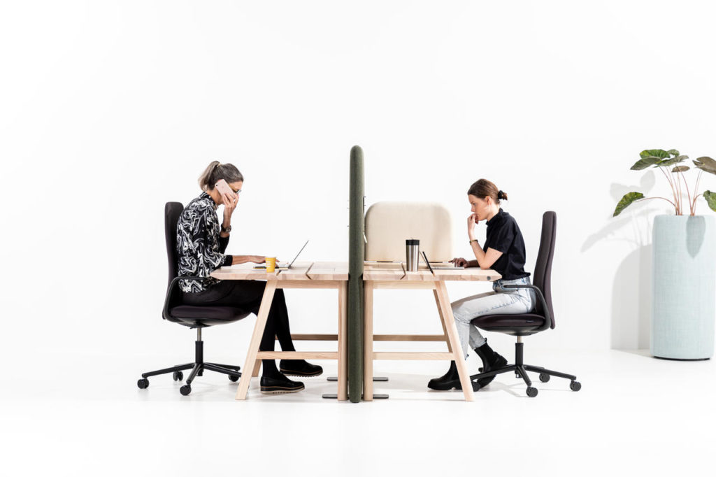 Two people working at desks facing each other with green BuzziShield at head height