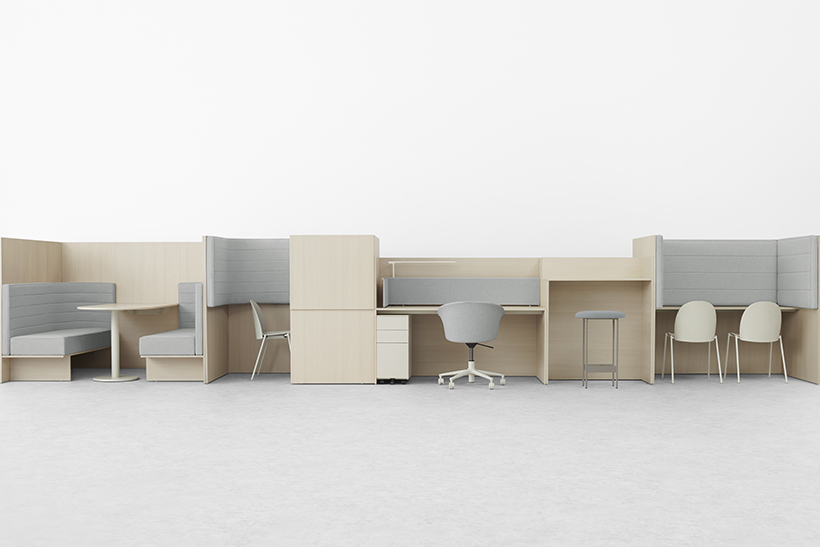 enKAK workstations in neutral palette, tables, booths, task chairs, etc...