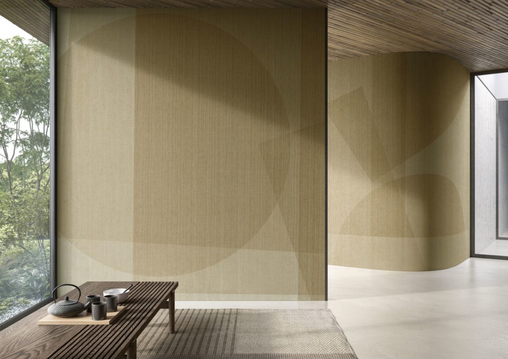 Komorebi wallpaper with circular and rectangular shapes intersecting in palette of beiges