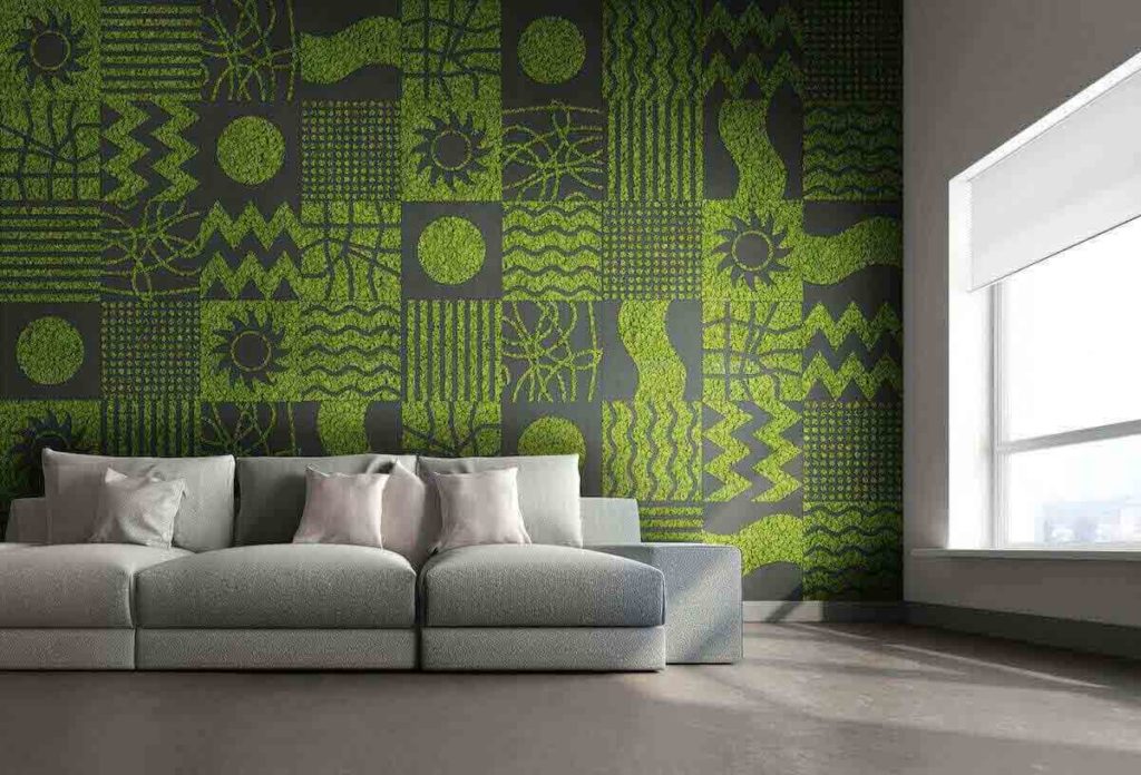 Mr. Flock anthracite grass design on large wall different shades of green with nature motifs and gray sofa