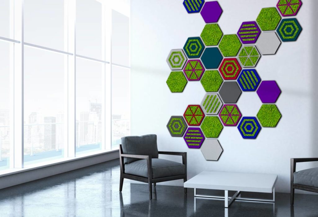 hexagonal panels with moss, different colors, and different designs