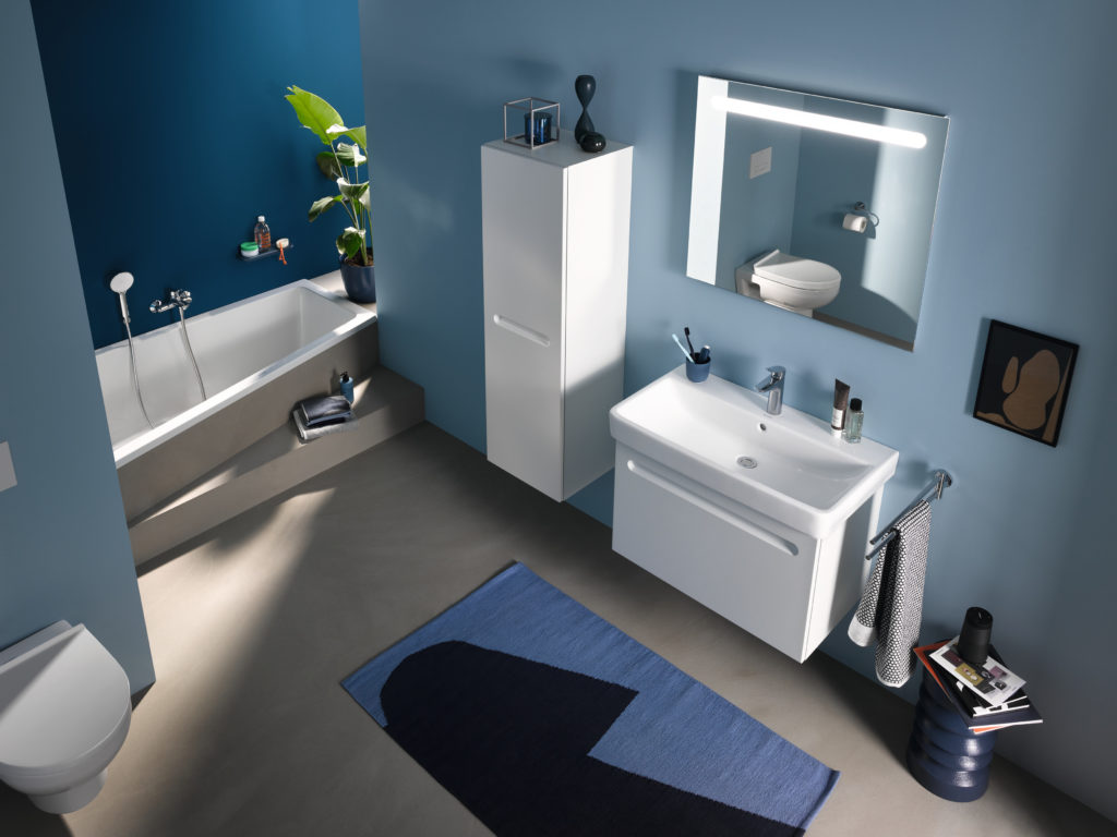 Duravit No. 1 view from above with vanity, storage, mirror, and tub