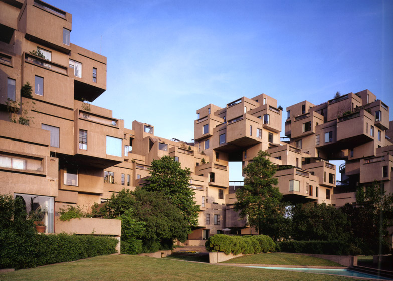Habitat 67 in Montreal. Apartment pods stacked and intersecting at different angles with open passageways beneath